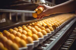 ai généré haute qualité photo de ouvriers tri poulet des œufs dans une usine.