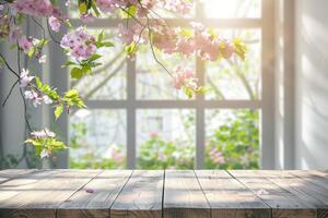 ai généré lumière en bois table sur défocalisé printemps fenêtre Contexte. photo