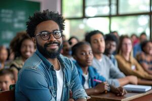 ai généré diverse élèves apprentissage de professeur dans Salle de classe. photo