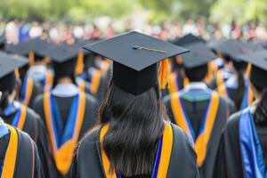 ai généré Université diplômés dans l'obtention du diplôme tenue de derrière sur commencement journée. photo