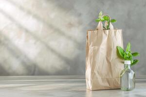 ai généré bannière papier sac avec éco amical des produits sur gris béton photo