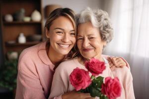 ai généré Sénior femme content avec filles affection sur les mères journée. photo