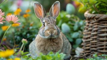 ai généré lapin séance dans champ de fleurs photo