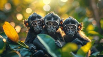 ai généré groupe de singes séance sur Haut de une vert feuille photo