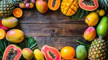 ai généré variété de des fruits sur en bois table photo