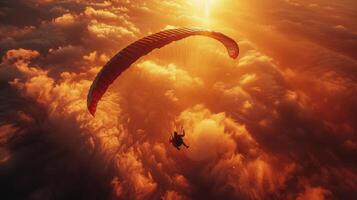 ai généré rouge parachute planant par nuageux ciel photo