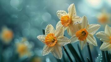 ai généré groupe de Jaune fleurs avec l'eau gouttelettes photo