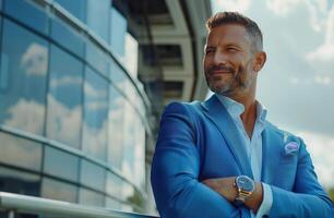 ai généré homme dans bleu costume posant photo