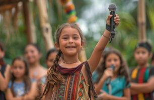 ai généré Jeune fille en portant microphone dans de face de foule photo