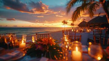 ai généré dîner table ensemble en haut avec le coucher du soleil Contexte photo