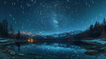 ai généré Montagne Lac avec étoilé ciel photo