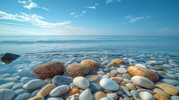 ai généré plage avec rochers, eau, et falaise photo