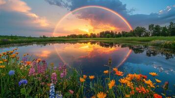 ai généré Lac avec Jaune fleurs et arc en ciel photo