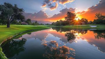 ai généré majestueux le coucher du soleil plus de le golf cours avec étang photo