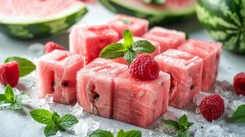 ai généré pastèque cubes avec menthe et framboises sur la glace photo