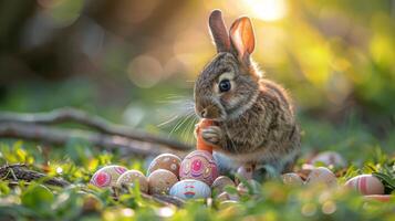 ai généré lapin séance dans champ de fleurs photo