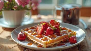 ai généré délicieux gaufres avec sirop et des fraises photo