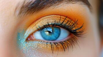 ai généré proche en haut de les personnes bleu œil avec Orange et bleu maquillage photo