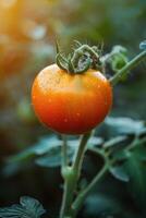 ai généré proche en haut de une tomate sur une plante photo