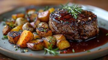 ai généré assiette de nourriture avec Viande et patates photo