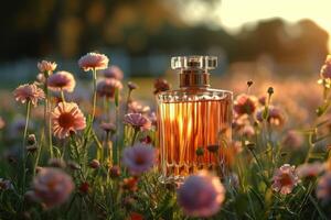 ai généré bouteille de parfum dans champ de fleurs photo