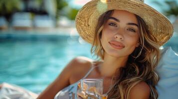 ai généré femme dans blanc bikini séance suivant à bassin photo