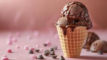 ai généré Chocolat la glace crème cône avec Chocolat morceaux photo