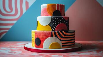 ai généré à plusieurs niveaux gâteau avec polka points et rayures photo