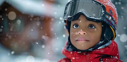 ai généré Jeune enfant dans rouge veste et des lunettes de protection photo