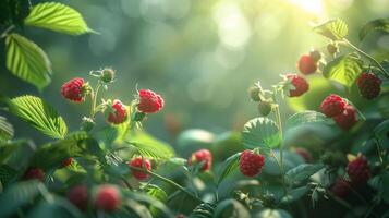 ai généré framboises croissance sur buisson dans forêt photo