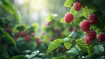 ai généré framboises croissance sur buisson dans forêt photo