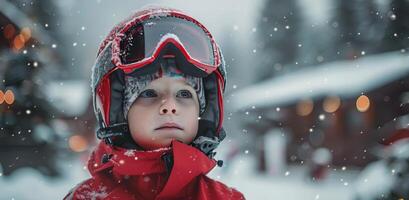 ai généré Jeune enfant dans rouge veste et des lunettes de protection photo