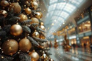 ai généré Noël arbre dans centre commercial avec gens en marchant autour photo