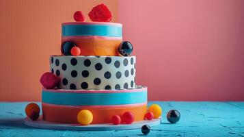 ai généré à plusieurs niveaux gâteau avec polka points et rayures photo