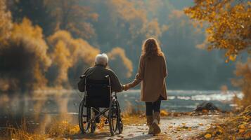 ai généré deux personnes âgées gens dans fauteuils roulants dans le les bois photo