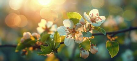 ai généré proche en haut de arbre branche avec fleurs photo