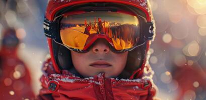 ai généré Jeune enfant dans rouge veste et des lunettes de protection photo