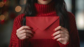 ai généré femme dans rouge chandail en portant rouge enveloppe photo