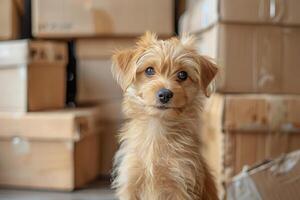 ai généré petit marron chien séance sur en bois sol photo