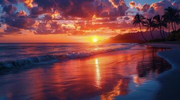 ai généré le coucher du soleil sur tropical plage avec paume des arbres photo