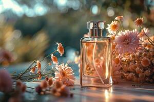 ai généré bouteille de parfum sur fenêtre seuil photo