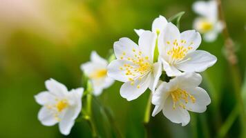 ai généré Capturer blanc fleurs dans Naturel défocalisé Contexte pour printemps bannière photo