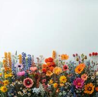 ai généré assorti fleurs arrangé soigneusement sur une table photo