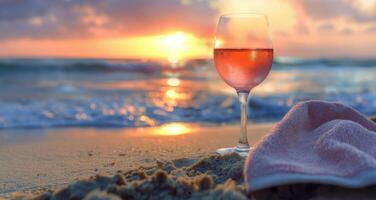 ai généré verre de du vin sur sablonneux plage photo