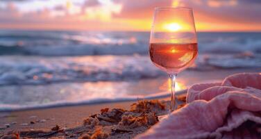 ai généré verre de du vin sur sablonneux plage photo