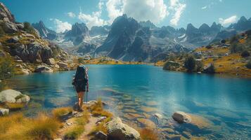 ai généré la personne permanent dans de face de Montagne Lac photo