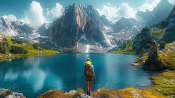 ai généré la personne permanent dans de face de Montagne Lac photo