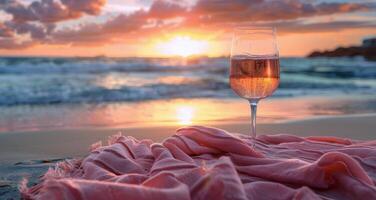 ai généré verre de du vin sur sablonneux plage photo