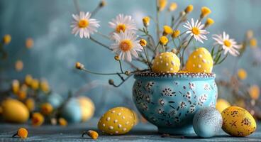 ai généré table avec bleu boules de Jaune et blanc des œufs photo