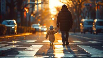 ai généré femme et enfant en marchant vers le bas rue photo